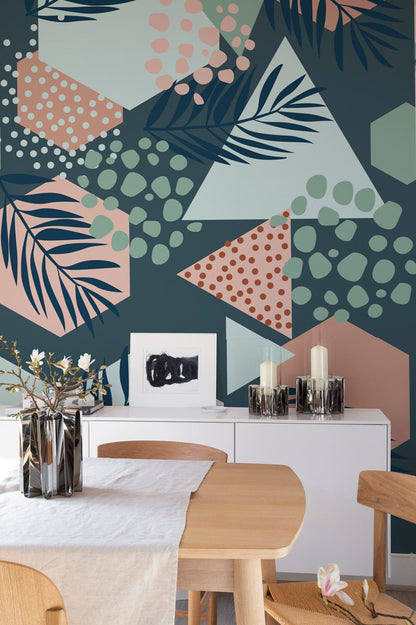 For the purpose of adorning the dining area, an abstract leaf and dot wallpaper mural