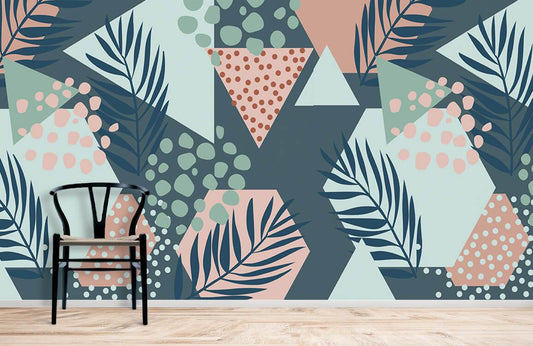 Wallpaper mural with abstract leaves and dots for interior decoration