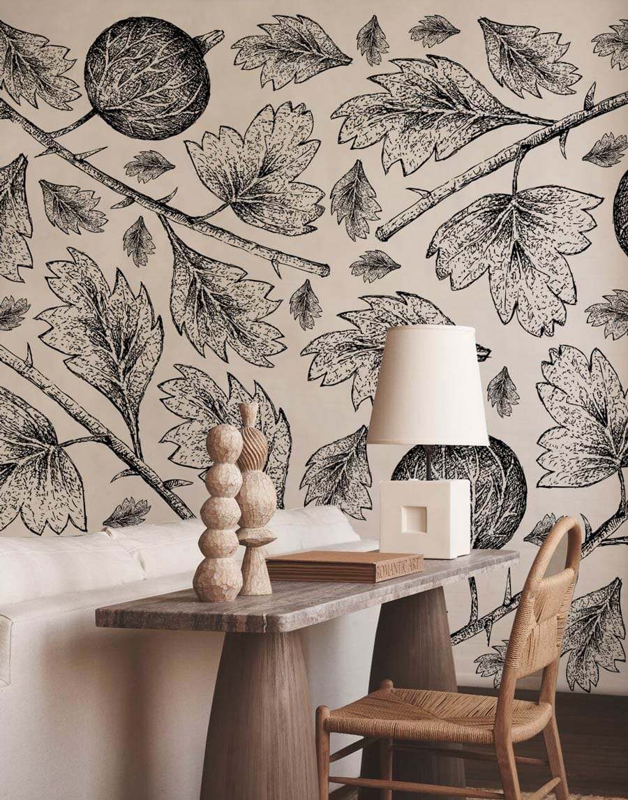 wallpaper with fruit and leaves in an office setting