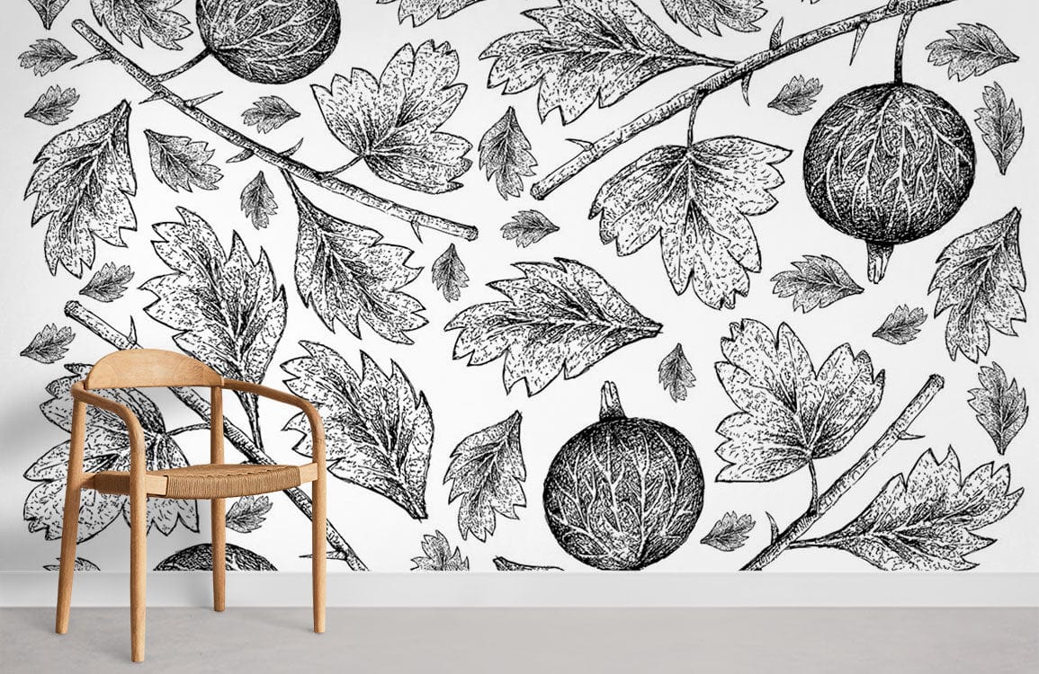 Wallpaper with a gray background with fruit and leaf patterns