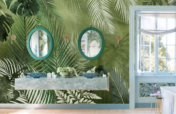 Tropical Botanical Green Leaf Mural Wallpaper