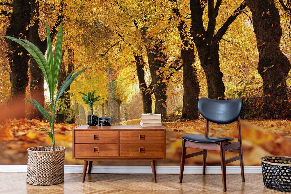 Scenery Wallpaper Mural for Hallway Decorating Featuring Fall Leaves Blowing in the Wind