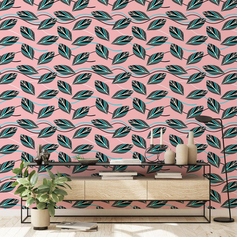 Wall Mural for Hallway Decoration Featuring Leaves on Pink Wallpaper