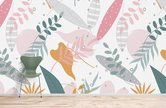 Wallpaper mural for home decoration featuring a pink art deco leaf design.
