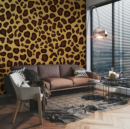 Decorating using a leopard-print wallpaper mural in the living room