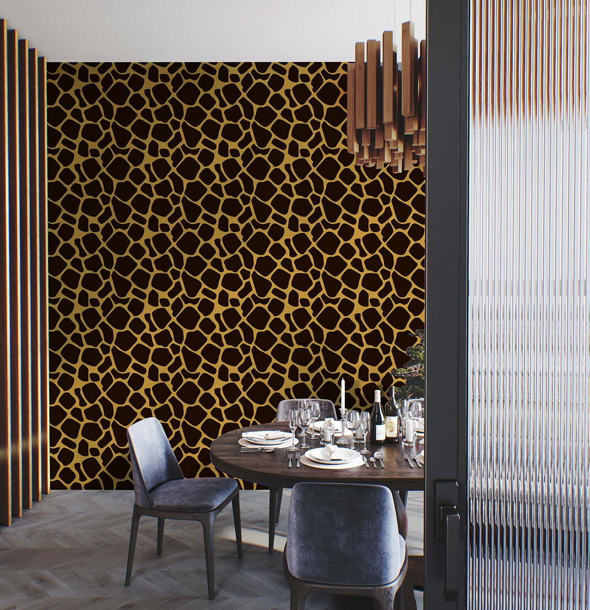 wallpaper mural with a rich leopard print that may be used for decorating the dining area.