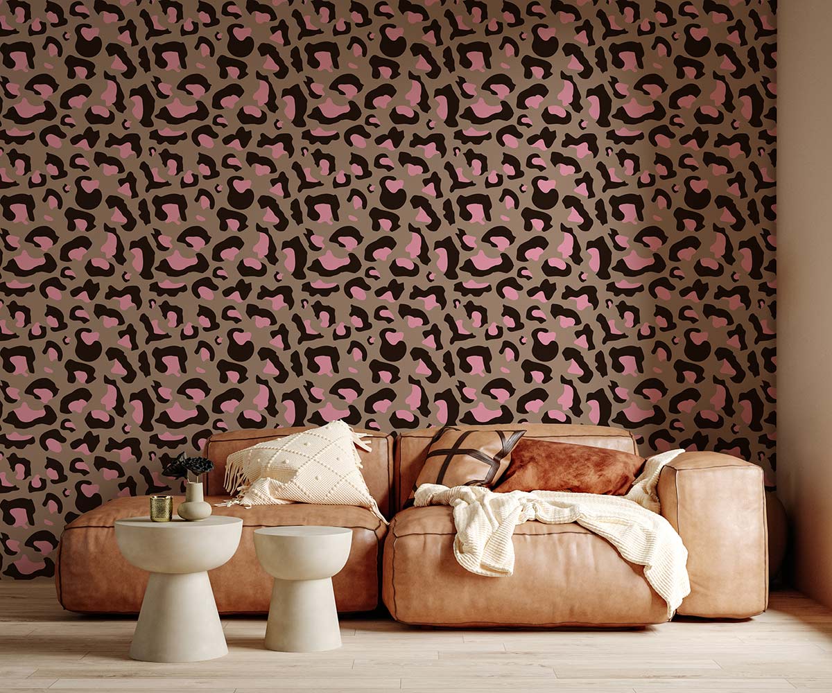 wallpaper mural for the living room decorated with a dark pink and animal skin pattern.