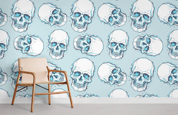 Modern Blue Skull Illustration Mural Wallpaper