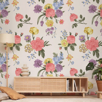 Wallpaper mural with light and colorful bouquets for the hallway's decor.