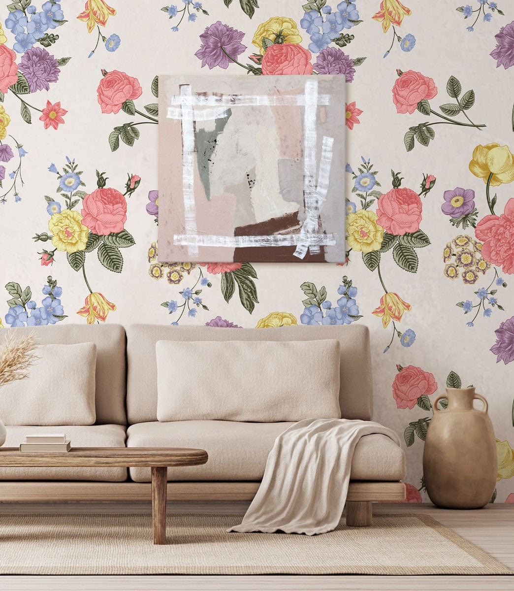 Wallpaper mural featuring light and colorful bouquets, perfect for decorating the living room.