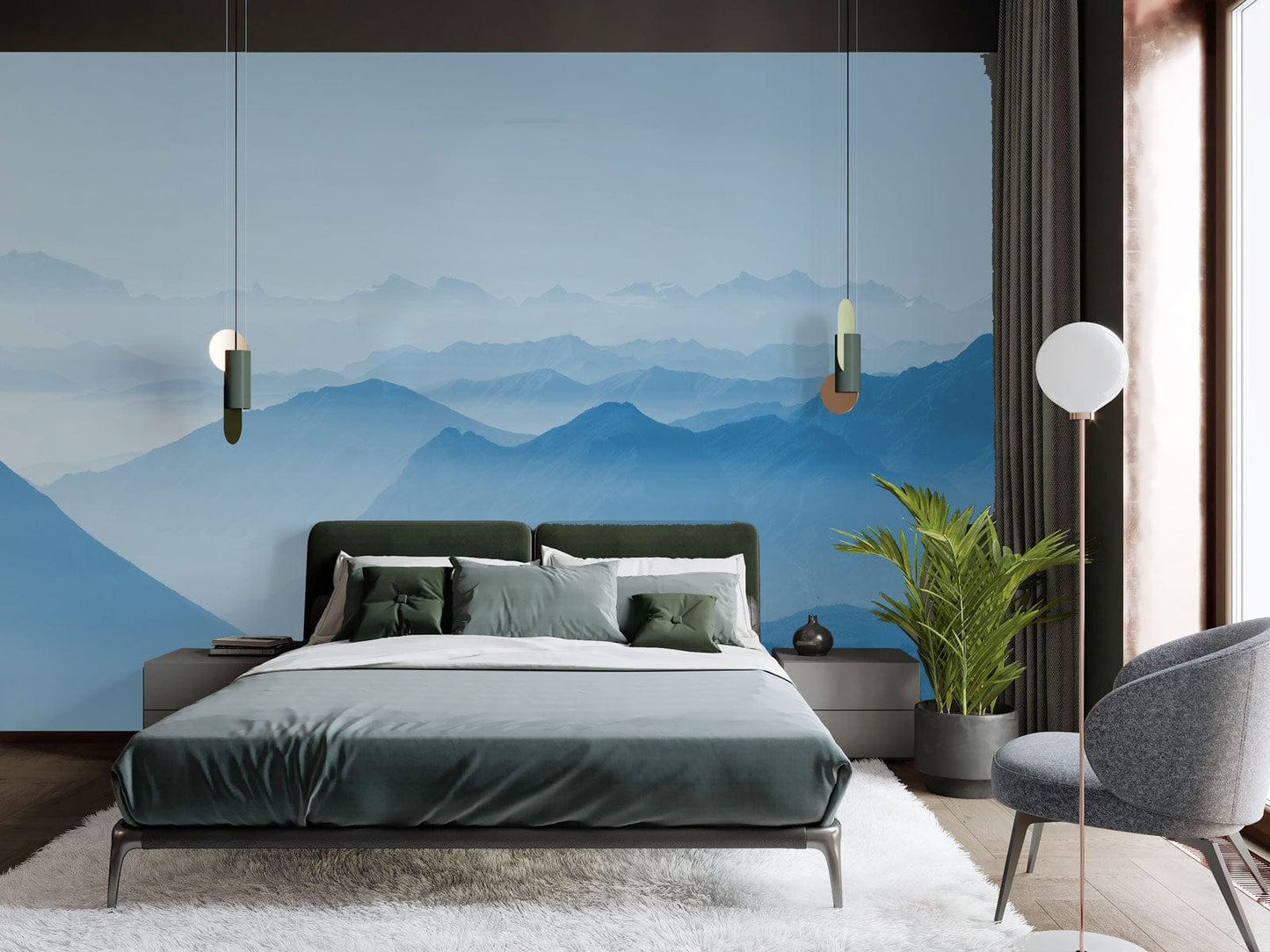 Wallpaper mural for bedroom decoration featuring misty mountains in the distance.