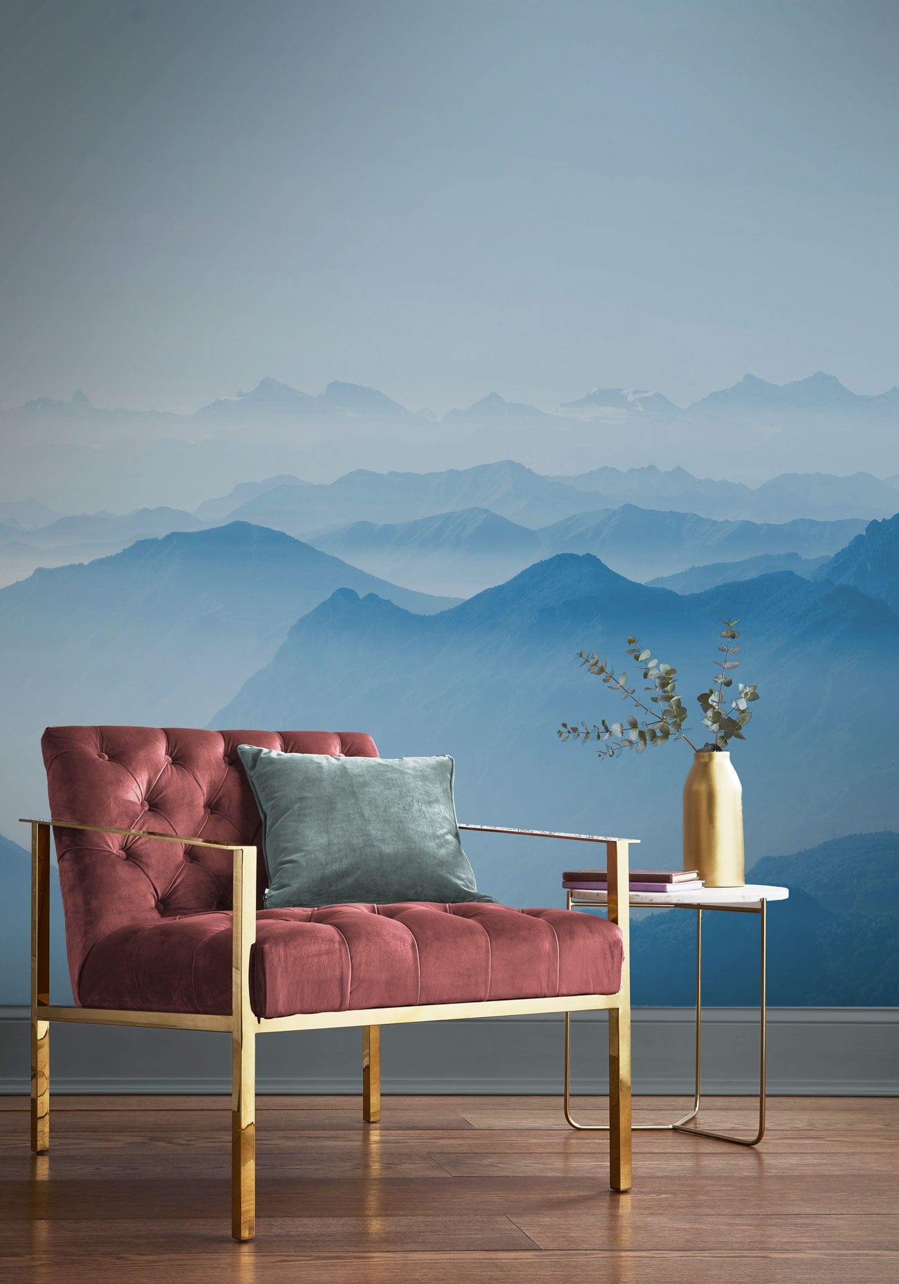 Wallpaper mural for the hallway with a scene of misty mountains in the background.