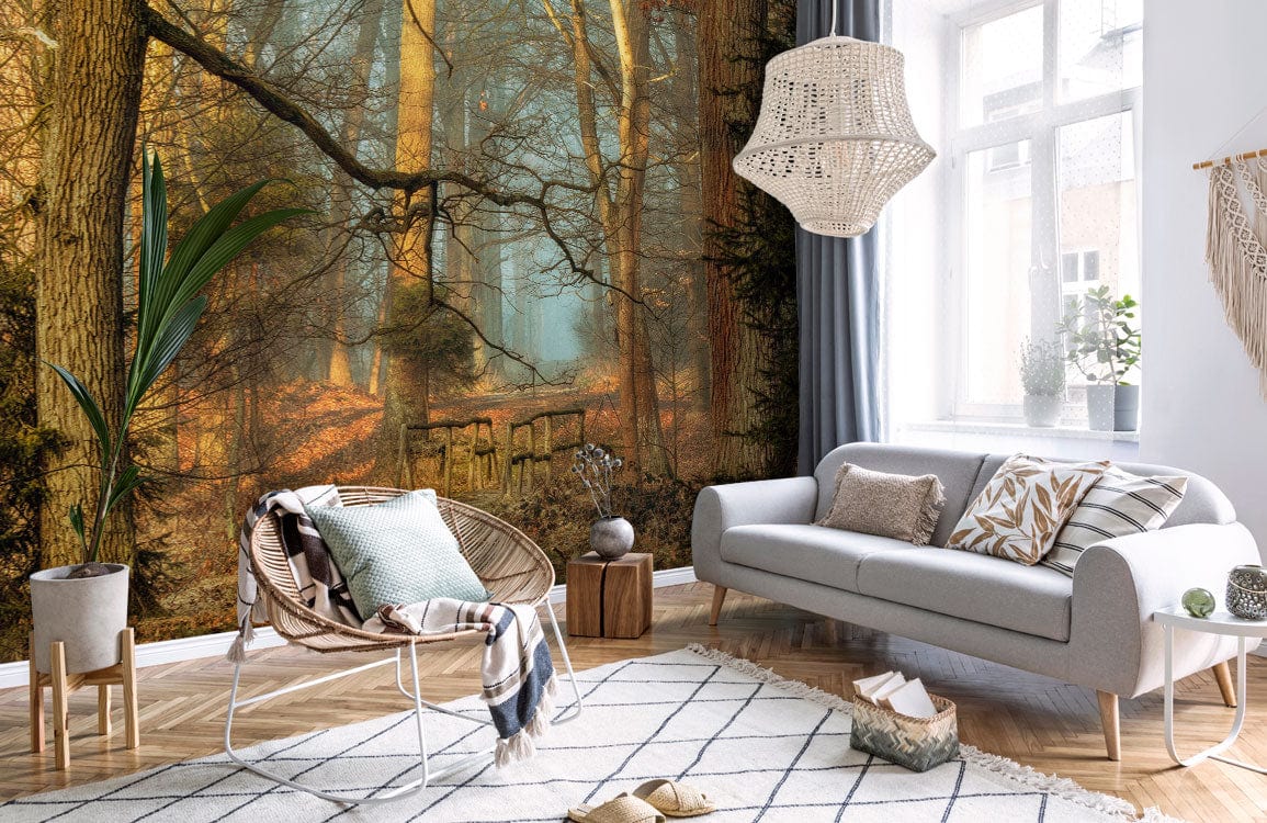 light through forest wallpaper mural living room design