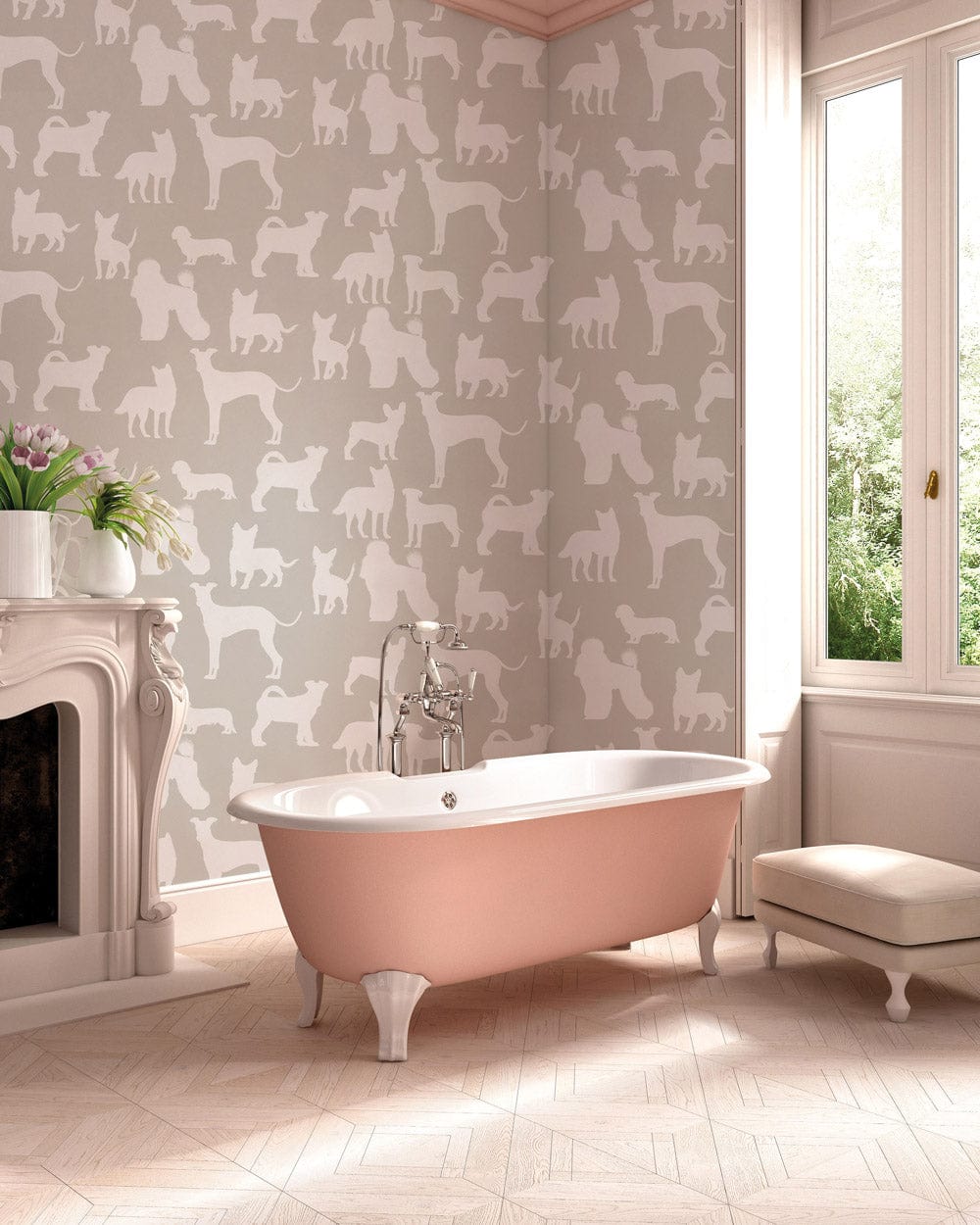 Bathroom wall murals with dogs in a gray silhouette pattern.
