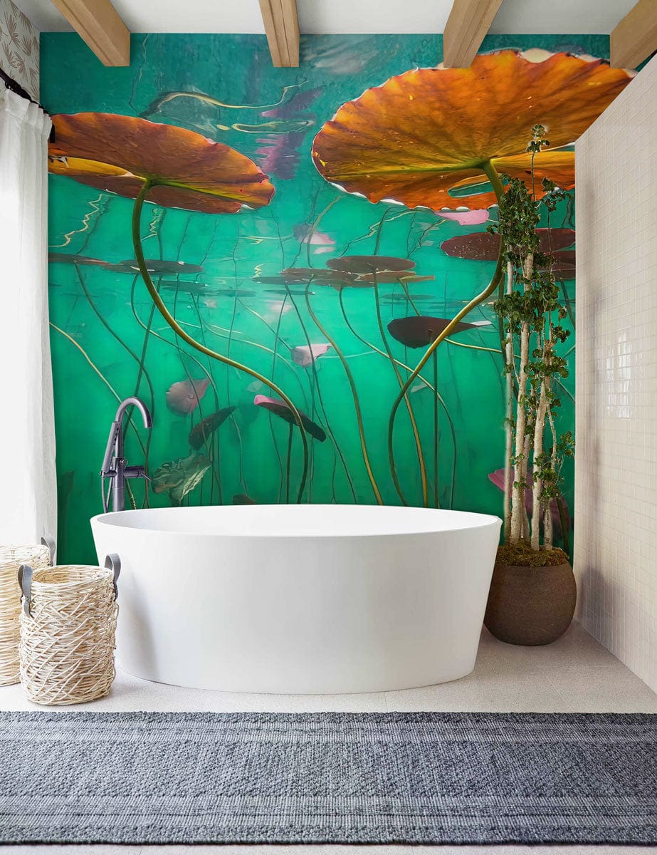 Wallpaper mural with lily pads underwater, perfect for use as bathroom decor.