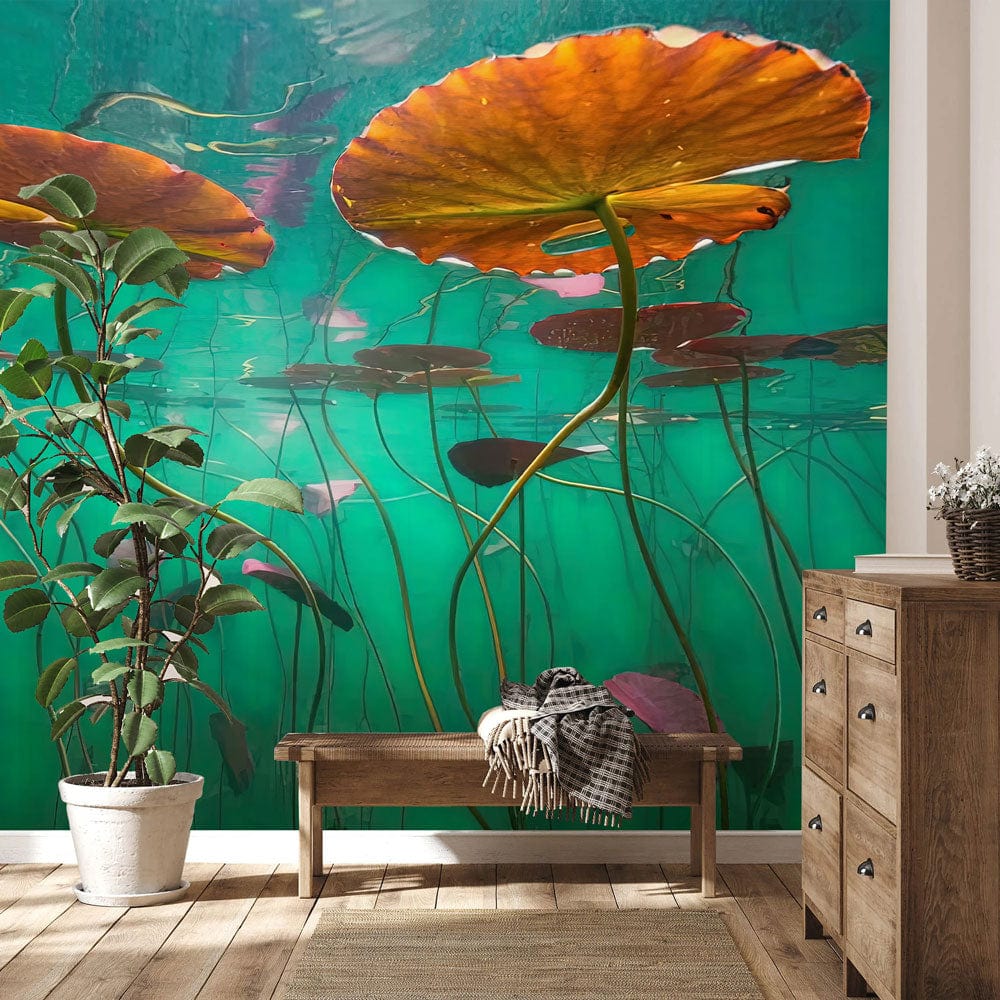 Wallpaper mural featuring lily pads underwater for use as decoration in hallways