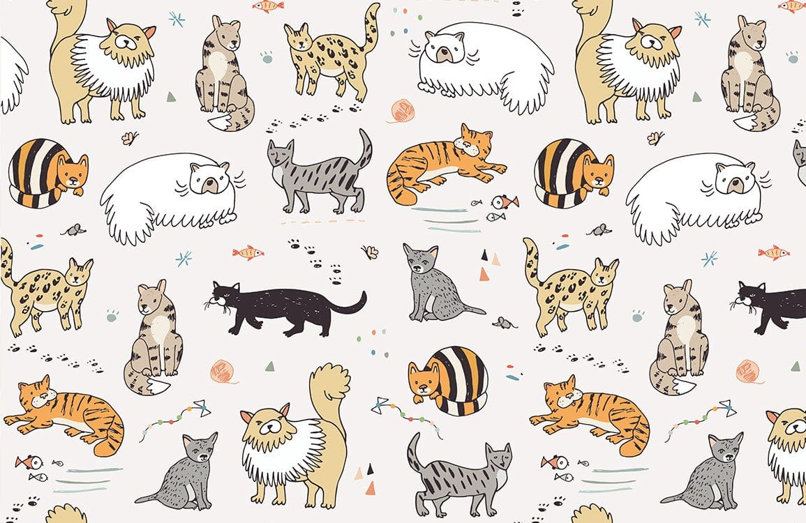 Whimsical Cat Illustration Kids Mural Wallpaper
