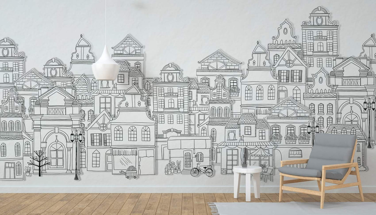 Wallpaper mural with a line drawing of buildings, perfect for use in the foyer.