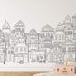 Wallpaper mural with a line drawing of buildings, perfect for decorating a child's bedroom.