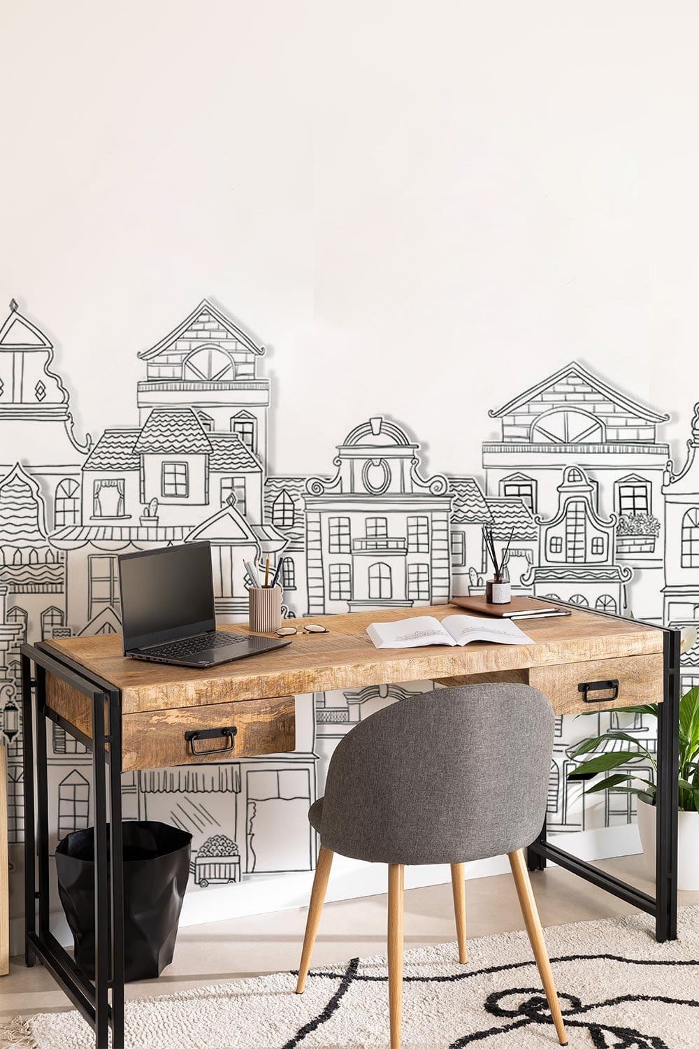 Wallpaper mural with a line drawing of buildings, perfect for decorating your home or office.