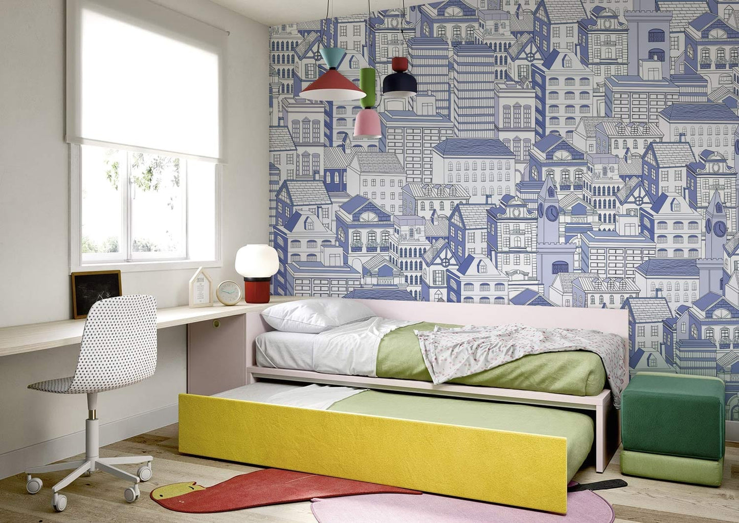 Blue Urban Sketch Style Mural Wallpaper in bedroom