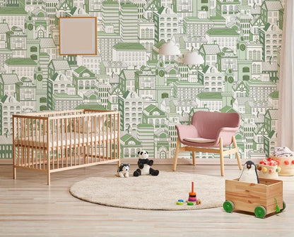 Green Urban Landscape Illustrative Mural Wallpaper in child's room