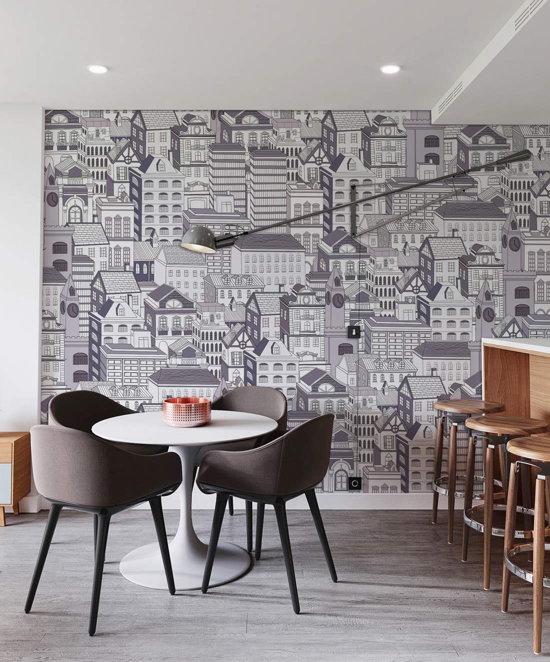 Monochrome European Cityscape Mural Wallpaper in dining room