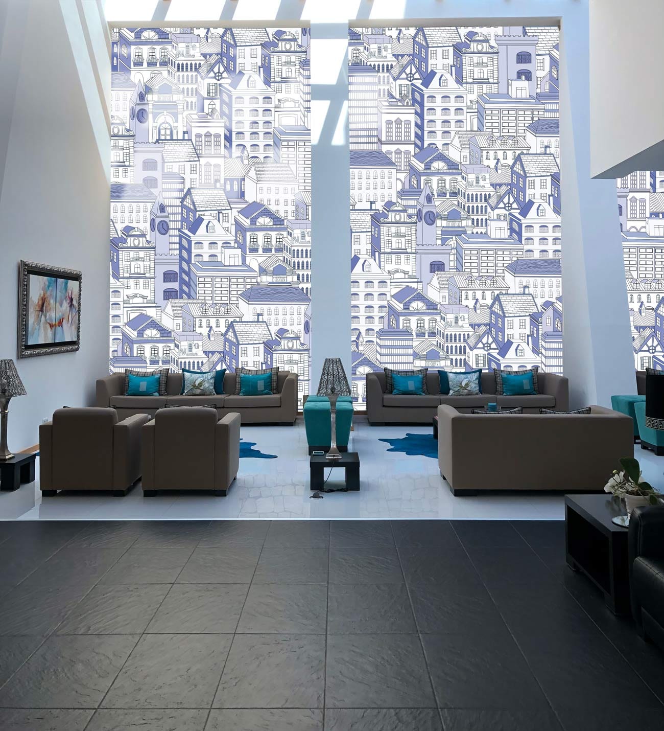 Blue Urban Sketch Style Mural Wallpaper in living room