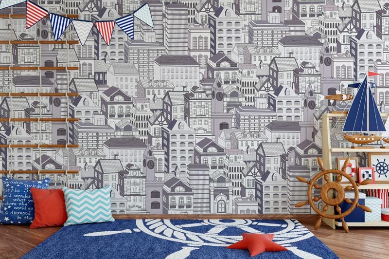 Monochrome European Cityscape Mural Wallpaper in playroom