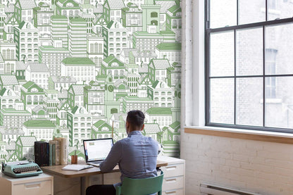 Green Urban Landscape Illustrative Mural Wallpaper in office
