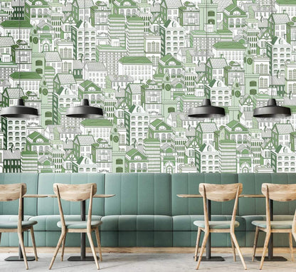 Green Urban Landscape Illustrative Mural Wallpaper in dining area