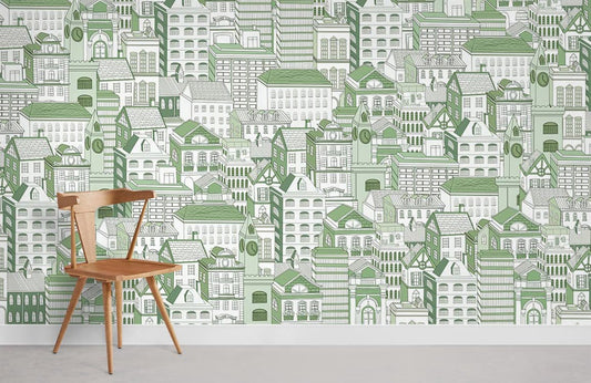 Green Urban Landscape Illustrative Mural Wallpaper