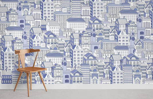 Blue Urban Sketch Style Mural Wallpaper