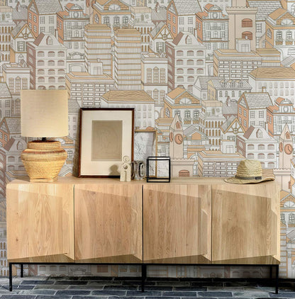 Vintage Cityscape Illustrative Wall Mural in living room