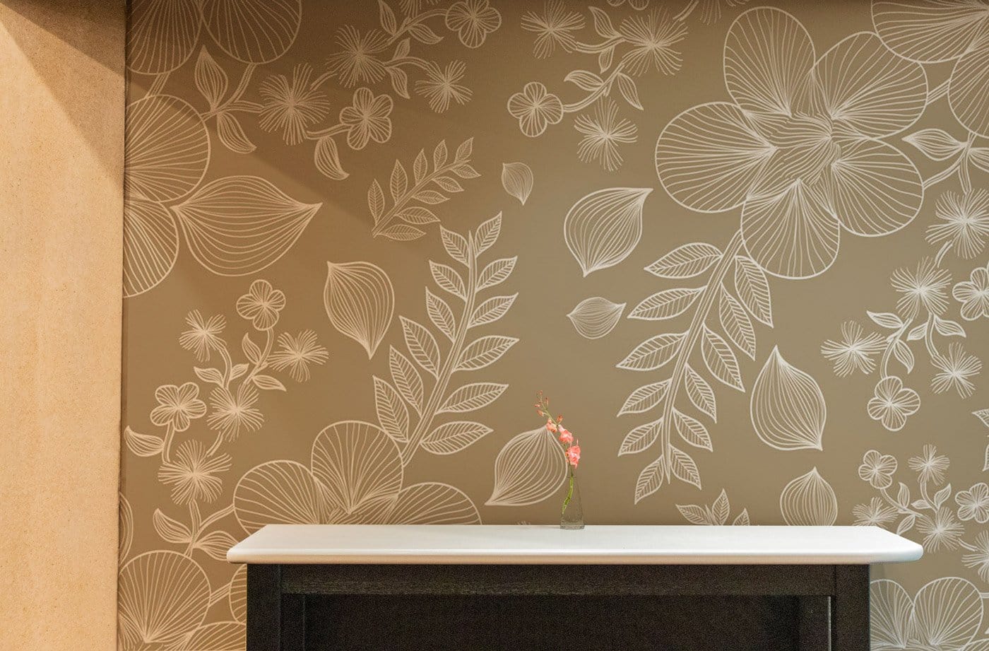 Wallpaper mural in the living room featuring a Line Drawing of Flowers design