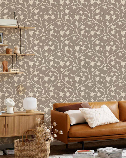 Elegant Beige Vintage Floral Mural Wallpaper in living room