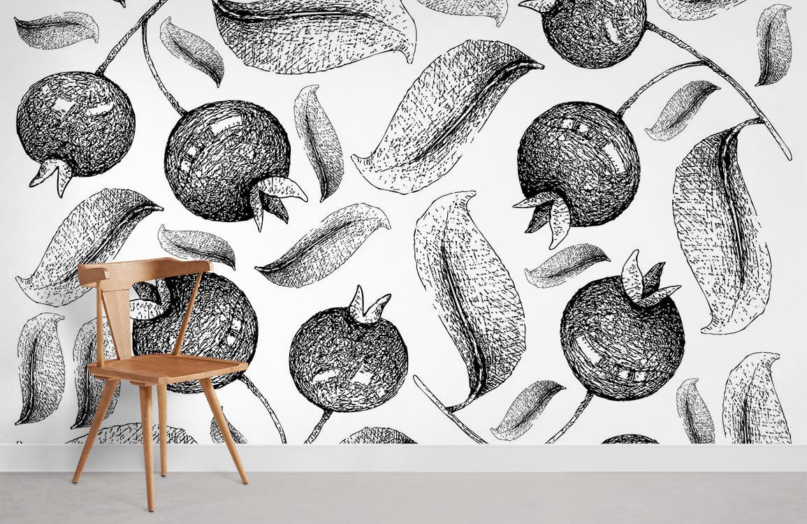 Wallpaper with berries and leaves in shades of gray