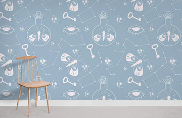 Whimsical Science Doodles Blue Mural Wallpaper