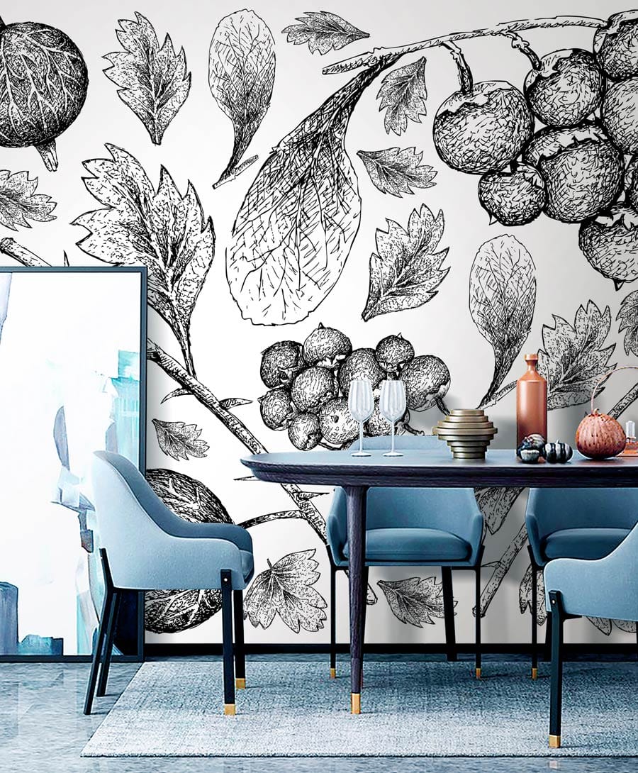 Dining room wallpaper with a worldly impression of grey fruits