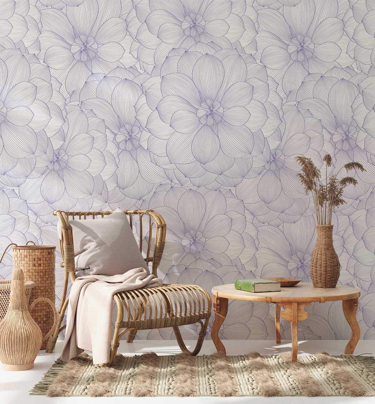 hydrangea wall mural with a couch in the backdrop