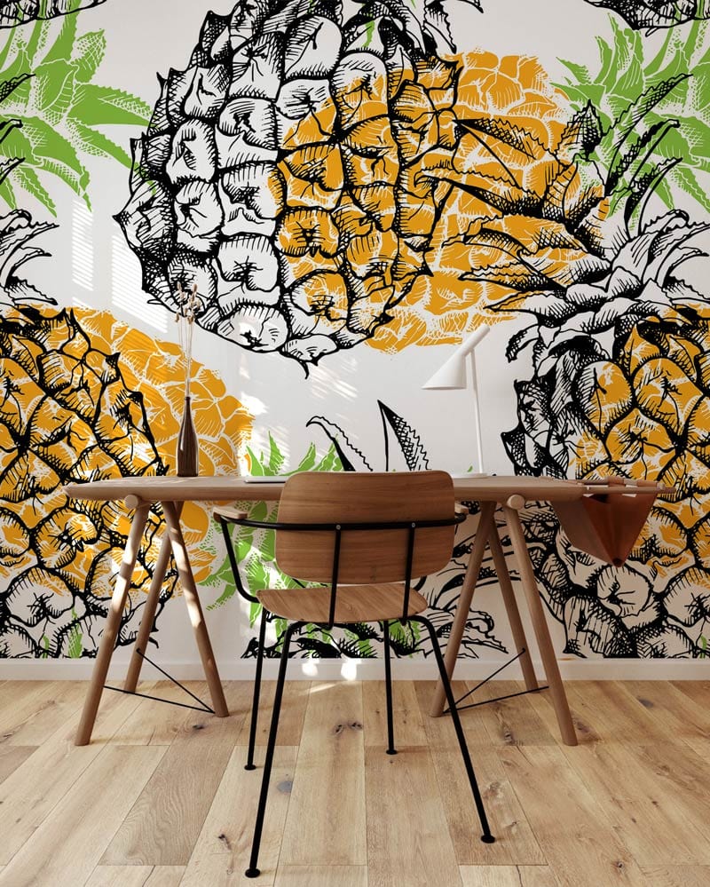 Office wallpaper with a distinctive fruit pattern.
