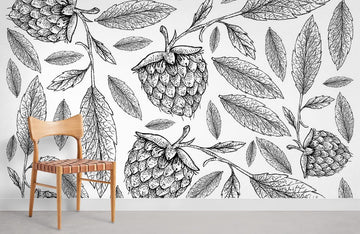 Botanical Raspberry Leaf Mural Wallpaper