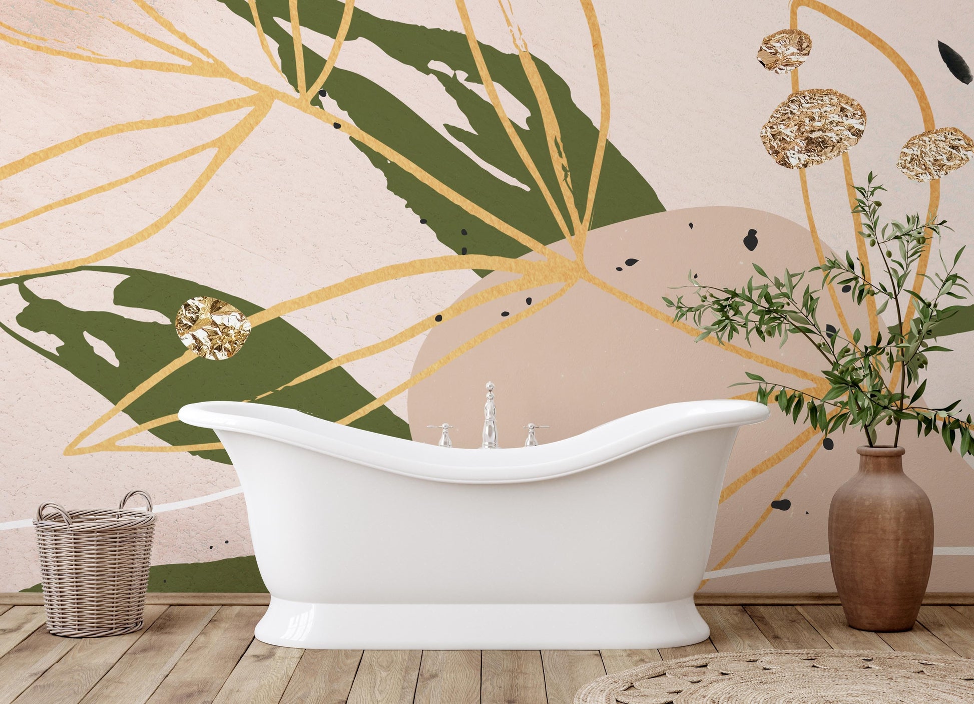 Wallpaper mural for the bathroom with a golden linier and ivy leaves.