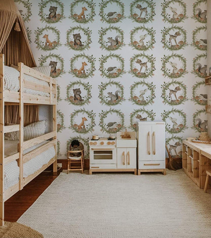 Whimsical Forest Animal Wreath Mural Wallpaper in bedroom
