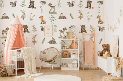 Woodland Animals Nursery Mural Wallpaper in bedroom