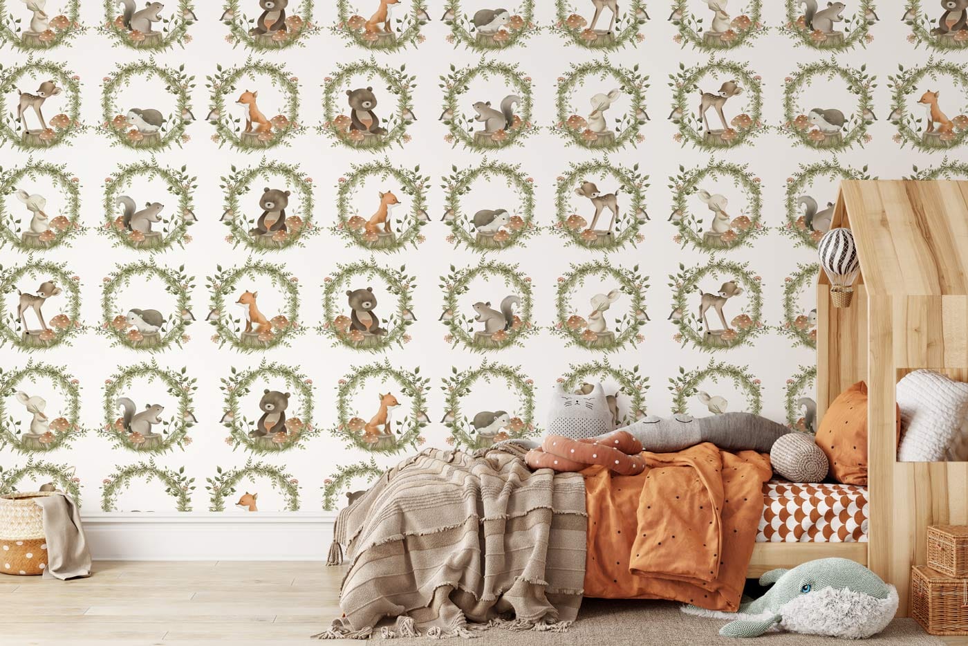Whimsical Forest Animal Wreath Mural Wallpaper