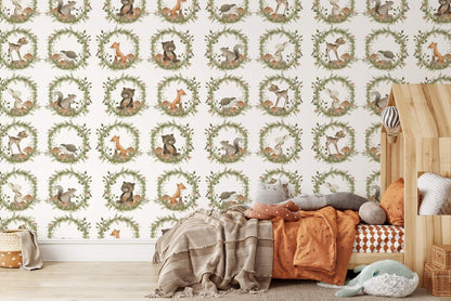 Whimsical Forest Animal Wreath Mural Wallpaper in bedroom