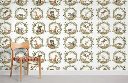 Whimsical Forest Animal Wreath Mural Wallpaper