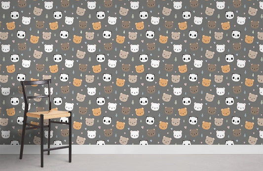 Cute Animal Faces Kids Mural Wallpaper in child's room