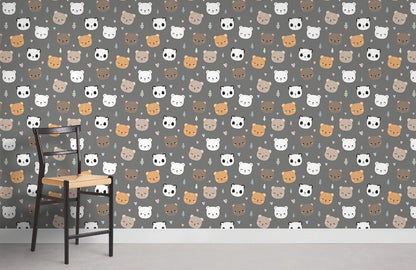 Cute Animal Faces Kids Mural Wallpaper in child's room